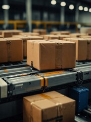 Efficient e-commerce logistics with packages on a conveyor belt.