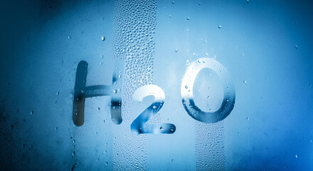 Poster - Water droplets on a blue surface representing H2O with a fresh and clean look