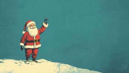 vintage illustration of santa claus standing on the snow, waving his hand , retro colors, cute and dreamy, blue background Generative AI