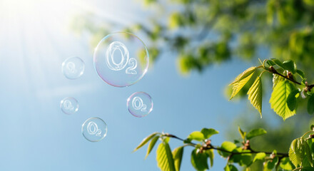 Wall Mural - bubbles in nature scene with oxygen bubbles reflecting sunlight and greenery