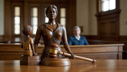 Wall Mural - Family wooden statue with a gavel in a courthouse.