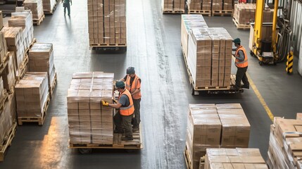Poster - workers manage inventory in a large warehouse during the daytime, efficiently organizing pallets of 