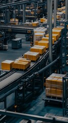 Poster - automated conveyor system transporting packages in a busy warehouse during daytime operations