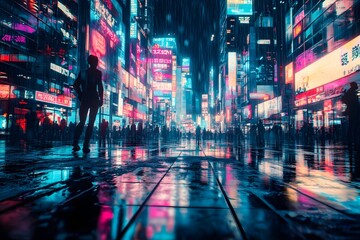Poster - Futuristic metropolis with autonomous transport systems holographic interfaces and citizens seamlessly interacting with assistants   a harmonious symbiosis of humanity and machines in a vibrant
