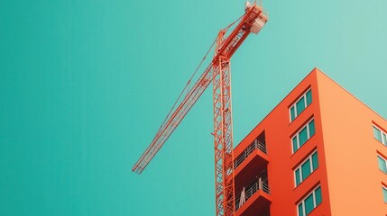 Skyscraper hotel construction site with cranes lifting glass panels, hotel under construction, vertical city growth