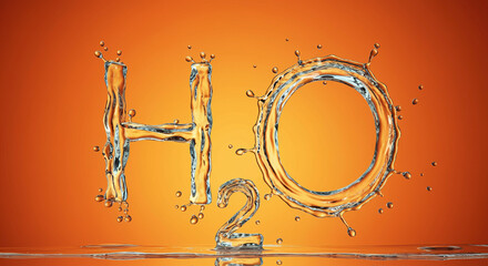 Poster - Water drops forming H2O symbol with splashes against an orange background highlighting liquid elements
