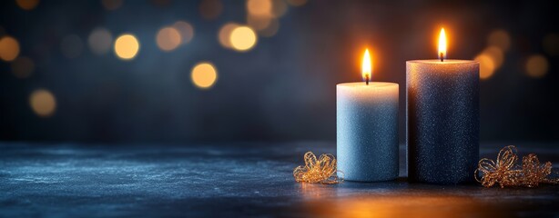 Two lit candles release a warm glow on a tabletop, surrounded by a pleasant, soft-focus backdrop of evening lights