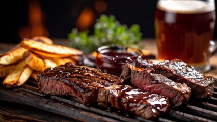 Grilled beef fillet with blueberry sauce with sauce dripping down the edges is served on a rustic wooden table with an assortment of traditional German beer mugs and pretzels.