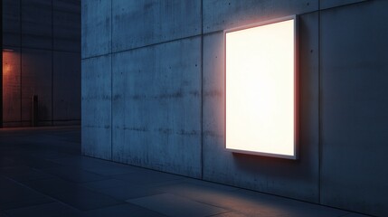 Poster - Illuminated blank billboard on a concrete wall at night in an urban setting, showcasing minimalist design and dramatic lighting effects