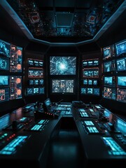 Wall Mural - Futuristic control room filled with glowing screens.