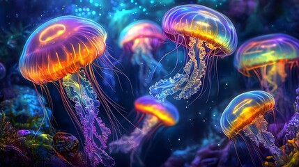 A vibrant underwater scene with five bioluminescent jellyfish in a dark blue ocean.