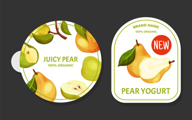 Wall Mural - Fresh Pear Fruit Yogurt Label Design with Garden Crop Vector Template