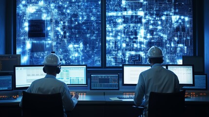 Poster - Engineers monitoring data analytics in a control room with advanced technology at night