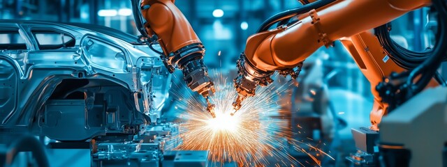Poster - robotic arms welding components in an automotive manufacturing facility during bright daytime operat