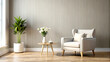 © CreativeEarth - Living room interior with white armchair and flower, wall mock up background, 3D render, white Mock up