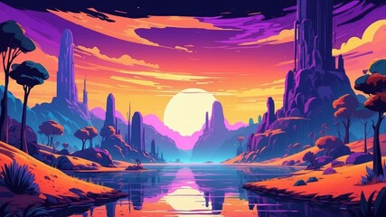 Poster - Cartoon illustration of purple land in space, synth waves