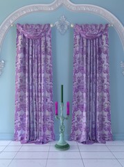 Two purple patterned curtains with a decorative candelabra and candles against a light blue wall.