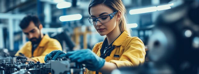 Poster - young engineer working diligently on machinery in a modern industrial workshop during the day