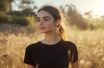 The young woman stands thoughtfully in a golden field, basking in the warm sunlight of a beautiful afternoon