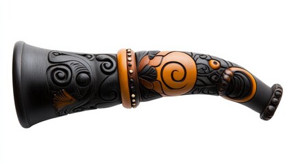 Ornate Carved Horn: A Detailed Close-up of an intricately carved horn, showcasing traditional artistry and craftsmanship.  The piece features a rich color palette and complex design elements. 