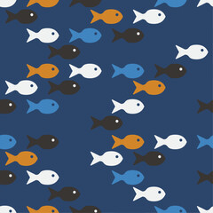 Poster - Blue background and colored fish swimming in one direction. Vector background of fish.