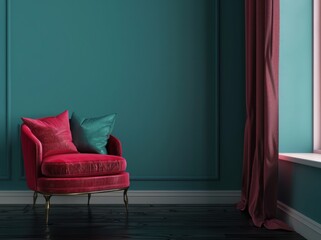 Stylish pink armchair beside window in teal living room interior. Modern interior design and home decor.