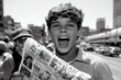 © Thanyarat - A black-and-white photograph of a newsboy holding yesterdayâ€™s newspaper, frozen in time as they shout the headlines on a busy street corner