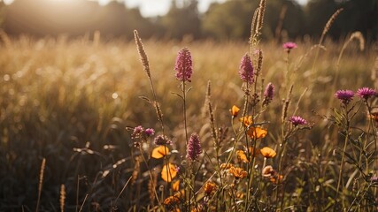 Poster - Dandelions in the grass at sunset. Nature background. Green summer meadow in the evening. White dandelions in golden sunlight.