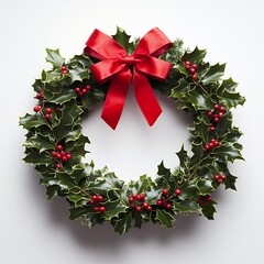 Sticker - A traditional Christmas wreath adorned with holly and a red bow.