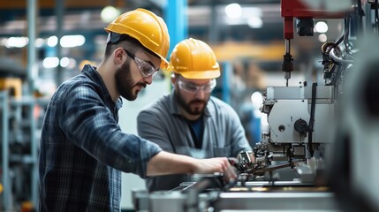 Poster - Workers collaborating in a manufacturing facility while operating complex machinery during the day shift