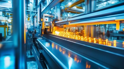 Poster - high-tech manufacturing process showcasing automated machinery in a busy factory with glowing molten