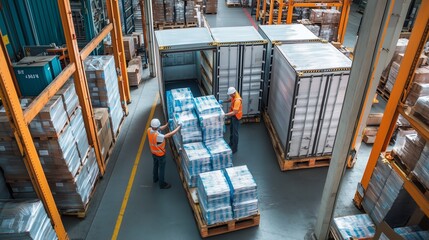 Poster - warehouse workers load boxes onto a pallet near shipping containers during a bright and busy daytime