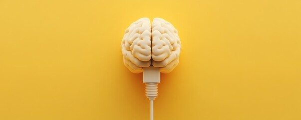 Poster - Brain model with usb cable on yellow background, technology and innovation concept