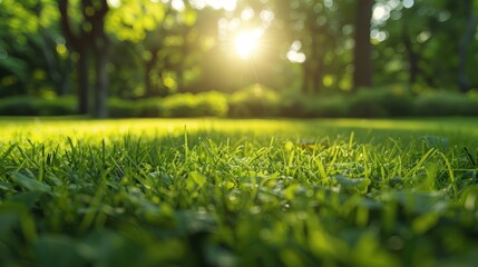 Soft focus green trees and grass in sunlight creating a natural background