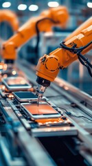 Poster - automated robotic arms assembling smartphones on a production line in a high-tech factory during day