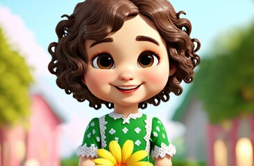 An adorable cartoon girl with curly hair, wearing a green dress with white patterns, and holding a large, vibrant flower.