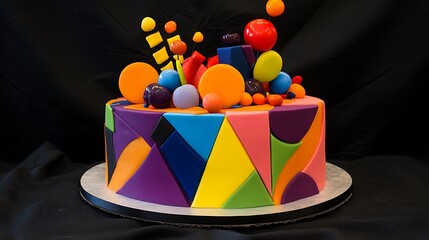 A modern geometric cake with sharp angles and vibrant colors, decorated with edible decorations for a contemporary look.