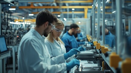 Sticker - Workers collaborating in a manufacturing facility, assembling electronic components during daylight hours