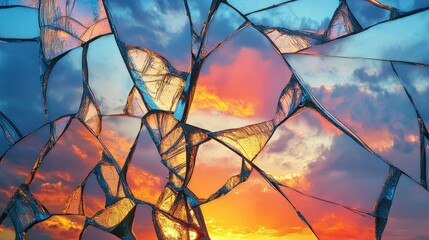 Poster - This artwork showcases a fractured mirror capturing a stunning sunset, with colors transitioning from deep orange to vivid blue and a dynamic display of clouds enhancing the beauty