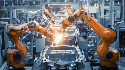 Canvas Print - Robotic arms assembling a vehicle in a modern manufacturing facility during daytime operations