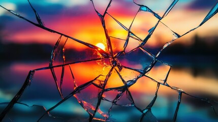 Poster - A cracked mirror captures the essence of a stunning sunset, displaying vibrant colors mirrored against calm water, creating an abstract, thought-provoking scene
