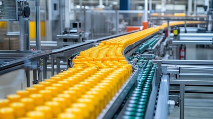 Poster - production line conveying yellow containers through a modern manufacturing facility during daytime