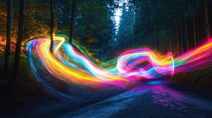 Poster - Vibrant light trails twist and turn through a dense forest as dusk descends, illuminating the surroundings with a captivating array of colors and motion