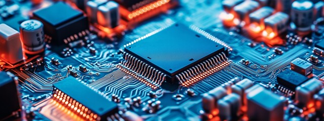 Poster - close-up view of a circuit board with glowing components in vibrant blue and orange colors