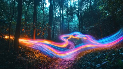 Poster - Vibrant trails of light flow through a dense forest, illuminating the dark surroundings in a captivating swirl of colors amidst trees and foliage