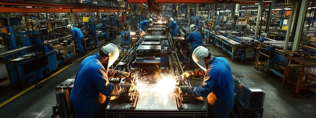 Poster - workers engaged in metal fabrication at a busy industrial factory during evening hours