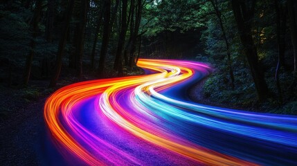 Poster - Bright trails of light twist and turn along a forest path, illuminated by vivid colors against the dark backdrop of trees at twilight, evoking a sense of motion and energy
