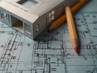 Wall Mural - House model on blueprints with pencil details.