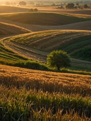 idyllic countryside scene with a sunlit wheat field.