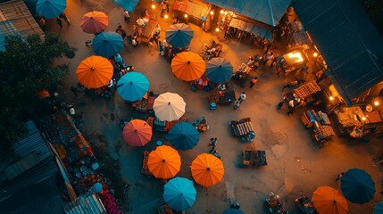 Colorful market scene at night with umbrellas and bustling activity in an outdoor bazaar